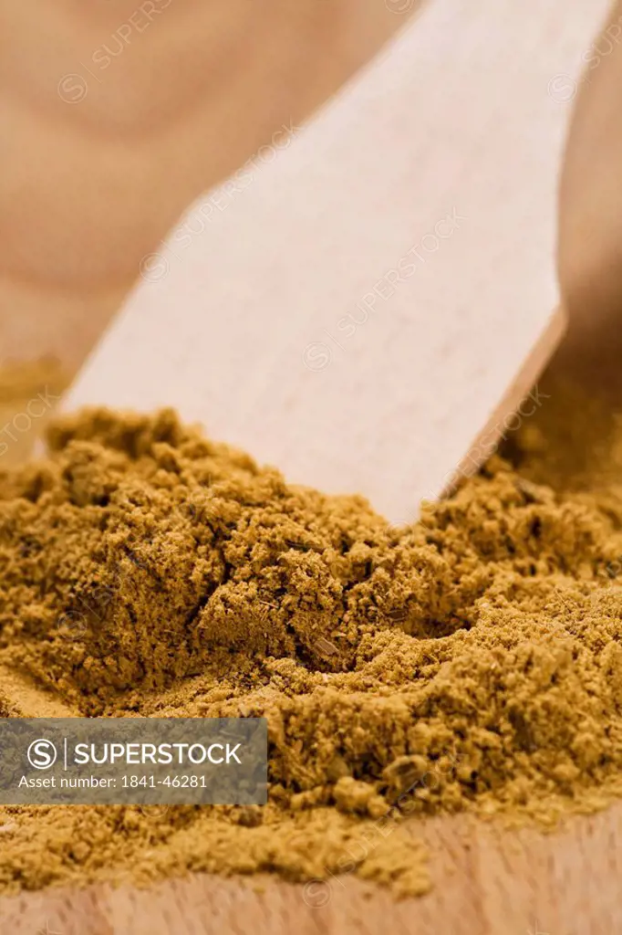 Close_up of coriander powder and wooden spoon