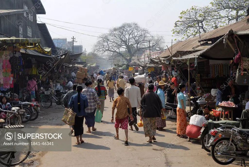 People at market in town, Zegyo Market, Mandalay, Myanmar