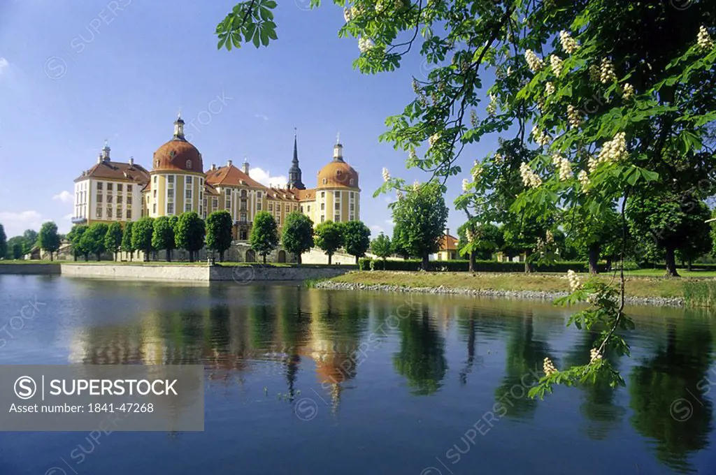 Reflection of castle in water, Moritzburg Castle, Dresden, Saxony, Germany