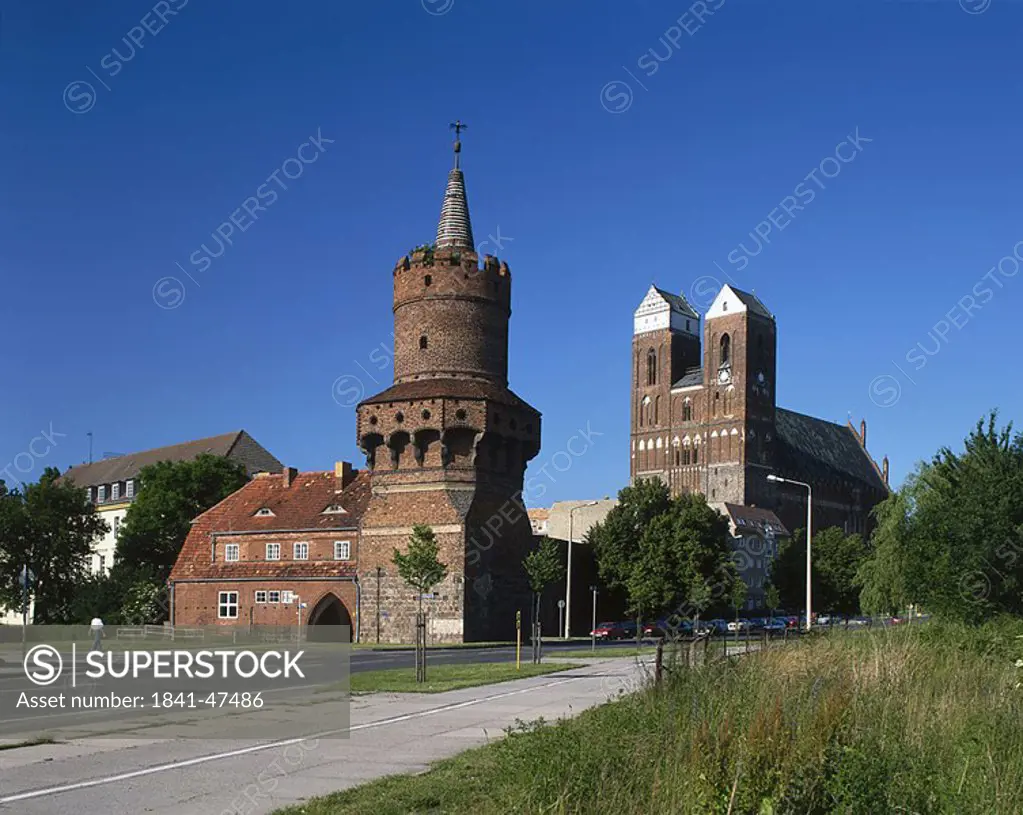 Church on roadside under clear sky, Bautzen, Oberlausitz, Saxony, Germany