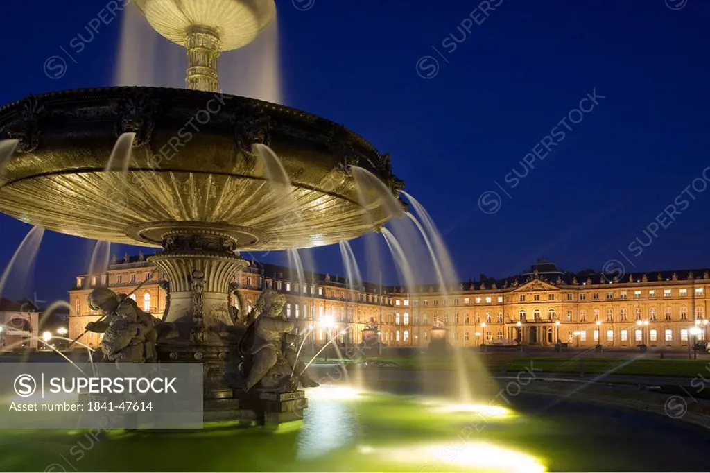 Architectural detail of fountain with castle in background, New Castle, Schlossplatz, Stuttgart, Baden_Wurttemberg, Germany