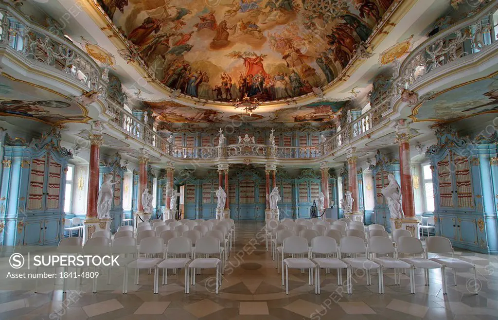 Empty chairs in monastery, Schussenried Monastery, Baden_Wuerttemberg, Germany