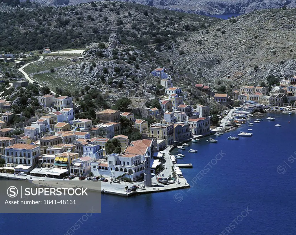 Aerial view of city at coast, Dodecanese Islands, Greece