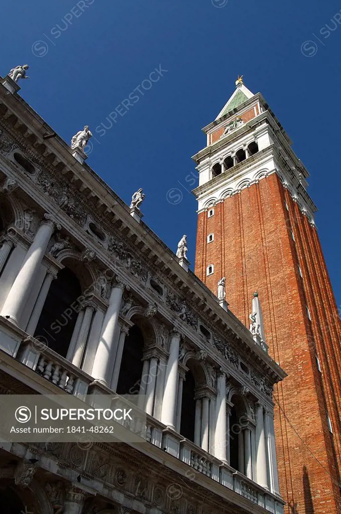Low angle view of church, St. Marks Campanile, St. Marks Church, St. Marks Square, Venice, Italy