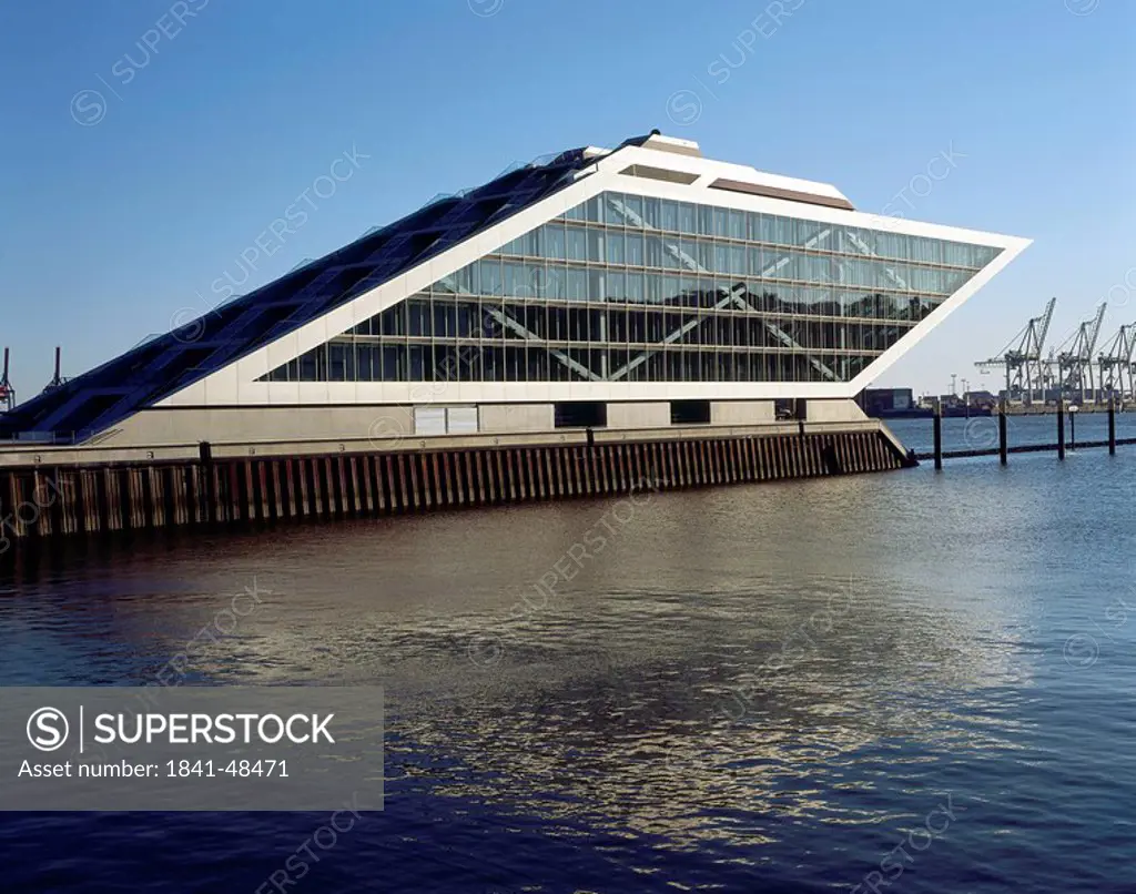 Glass building at waterfront, Hamburg, Germany