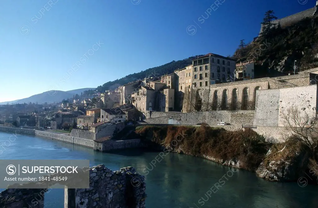 Buildings at waterfront, River Durance, Cassis, Provence, France