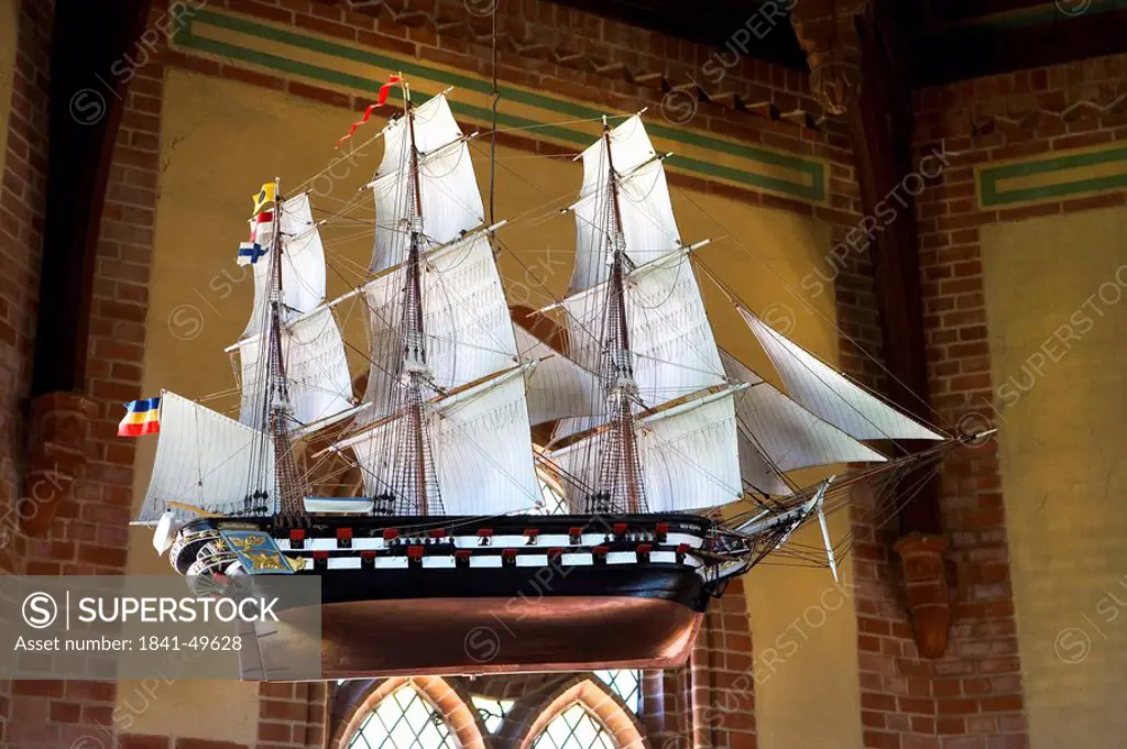 Model of a ship in a church, Wustrow, Germany, low angle view