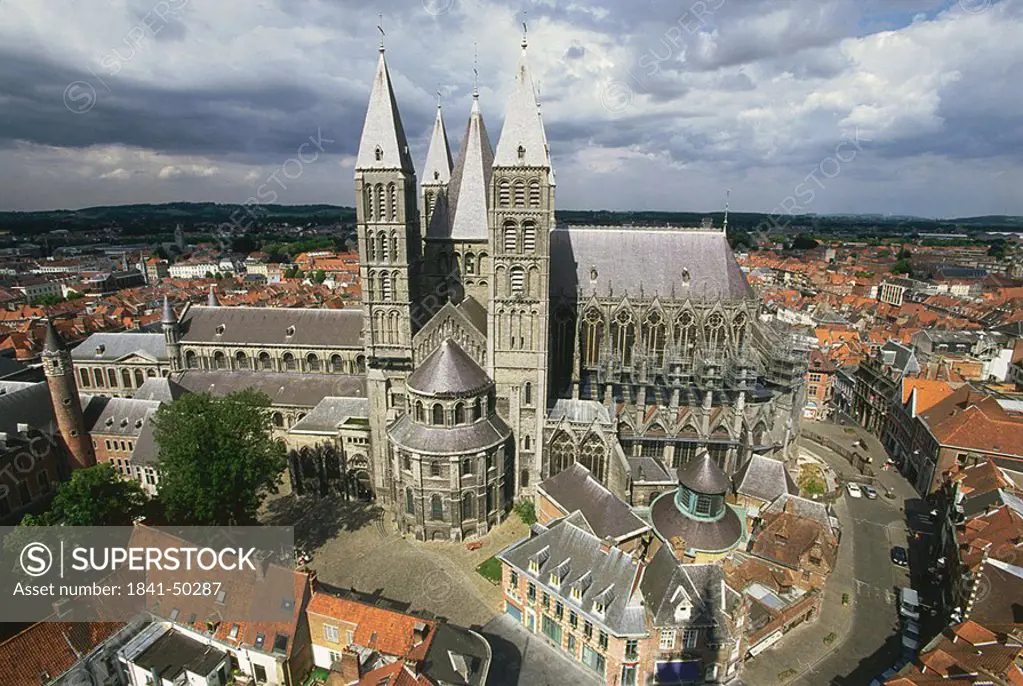 High angle view of cathedral in town, Notre Dame, Hainaut, Belgium