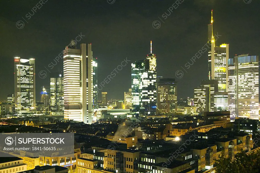 Office buildings lit up at night, Dresdner Bank, DeKaBank, Frankfurt, Hesse, Germany