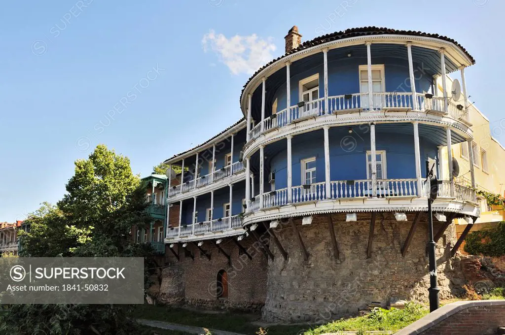Wodden balconies at an old builing, Tbilisi, Georgia, low angle view