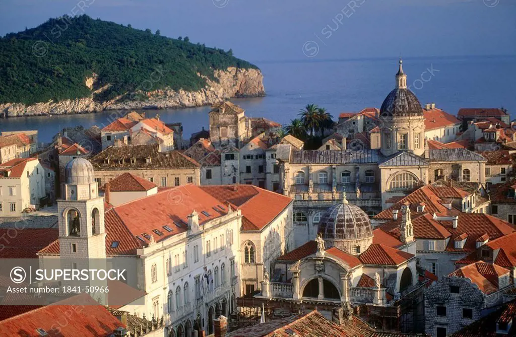High angle view of city at waterfront, Dubrovnik, Dalmatia, Croatia