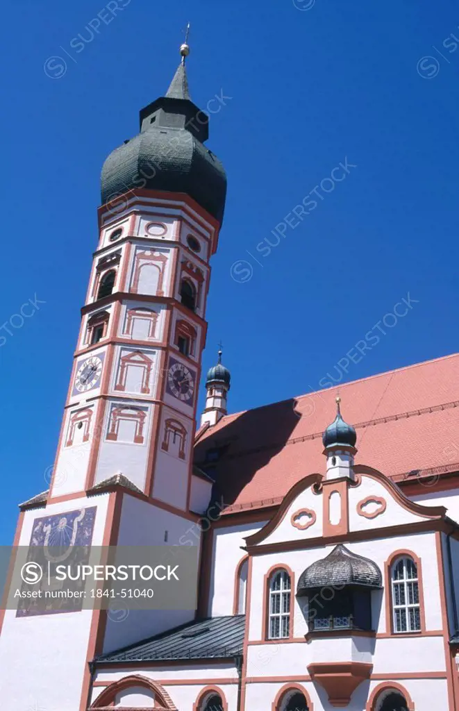Low angle view of church tower, Andechs Abbey, Ammersee, Landkreis of Starnberg, Bavaria, Germany