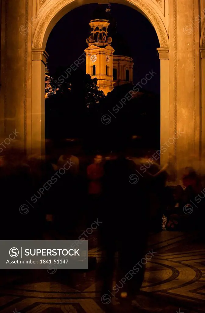 Church viewed through archway, Church at night, Theatine Church of St. Cajetan, Munich, Bavaria, Germany
