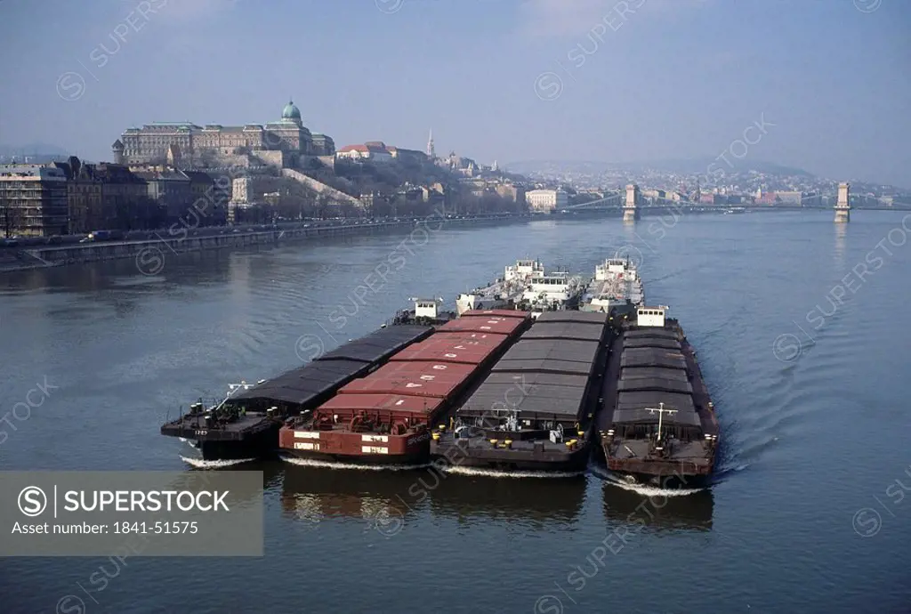 Barges in river, Danube River, Budapest, Hungary