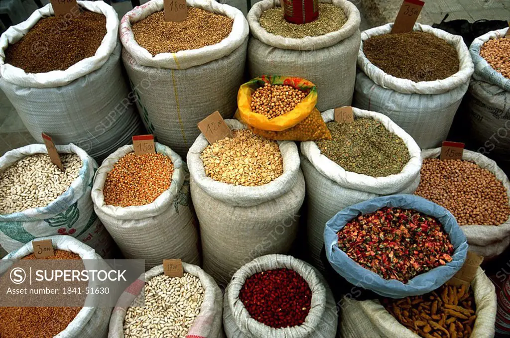 High angle view of beans and spice sacks, Tunisia
