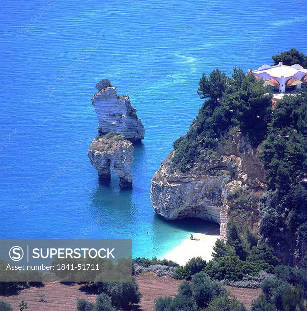 High angle view of rock formation at the coast, Gargano, Apulia, Italy