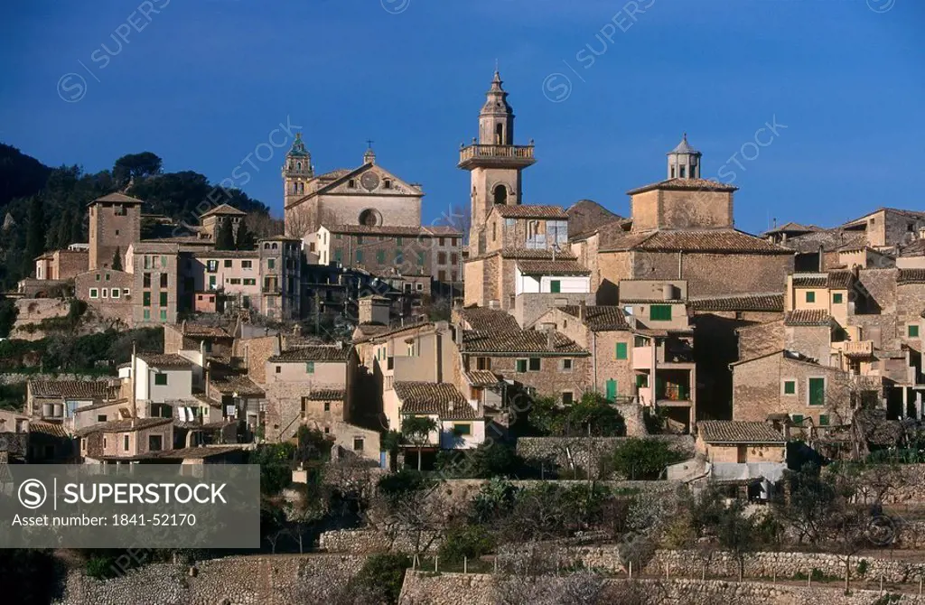 Buildings on hill, Valldemosa, Majorca, Balearic Islands, Spain