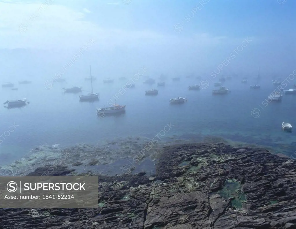Silhouette of sailboats at port in foggy weather, Port Of Le Conquet, Finistere, Brittany, France