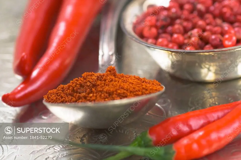 Close_up of red chilli powder on spoon