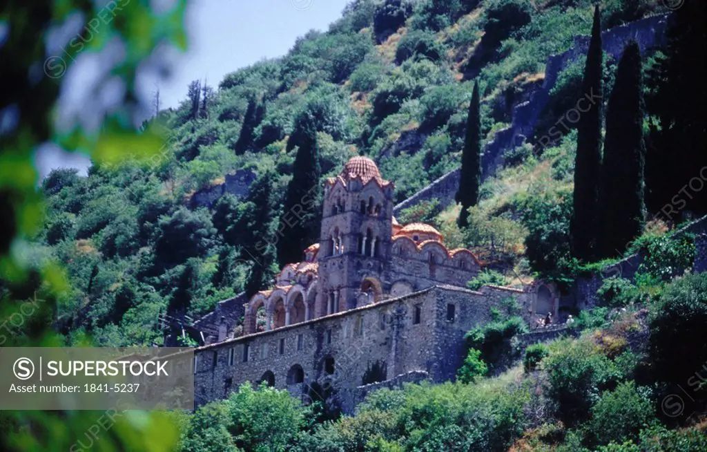 Low angle view of church, Mystras, Peloponnese, Greece, France, Europe