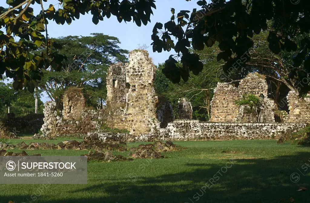 Old ruins of buildings on landscape, Panama Vieja, Panama