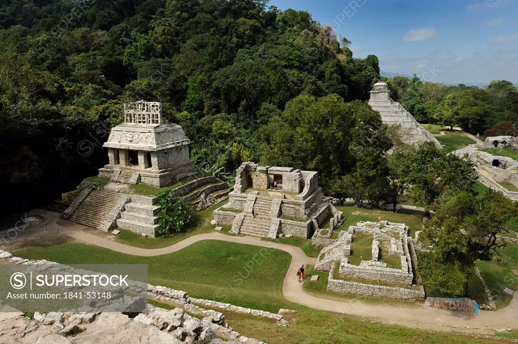 View to the Temple of the Sun at the Maya ruin site of Palenque, Chiapas, Mexico, elevated view