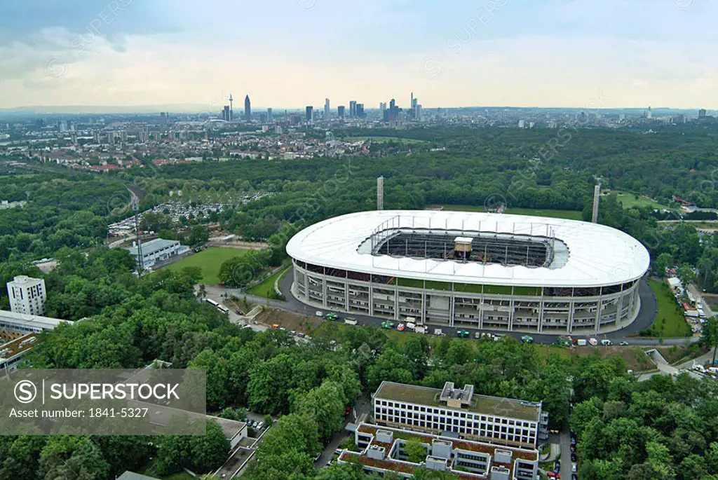 Aerial view of stadium in city, Frankfurt, Hesse, Germany