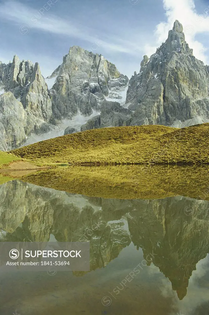 Reflection of mountain in water, Pala di San Martino, Dolomites, Trentino_Alto Adige, Italy
