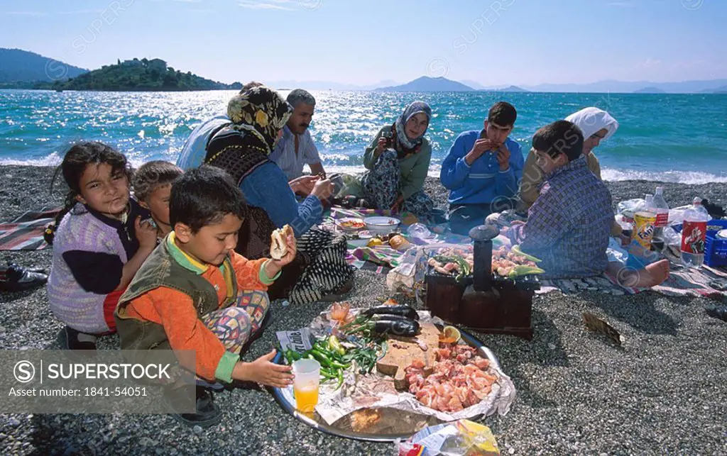 Family enjoying picnic on beach