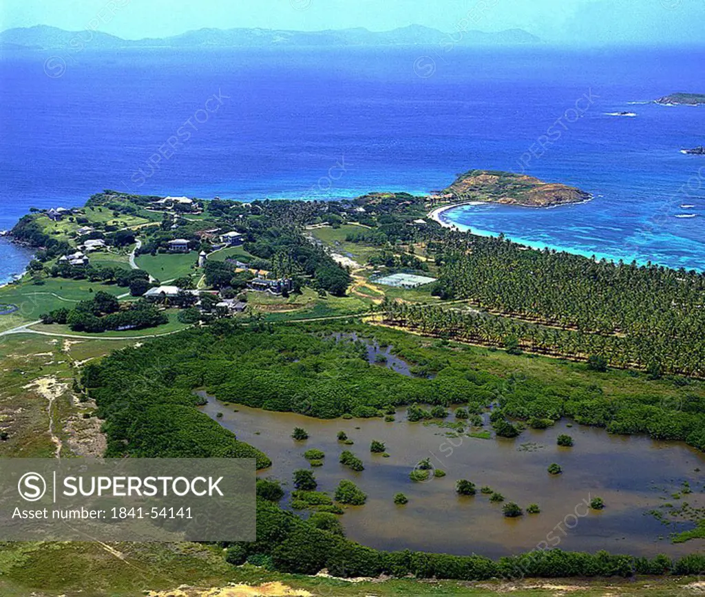 Aerial view of island, Mustique, Grenadines, Windward Islands, Grenada