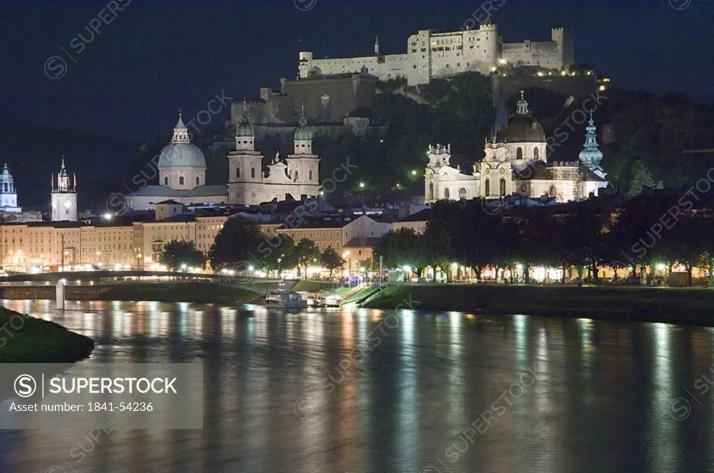 Buildings on waterfront, Hohensalzburg Castle, Salzburg, Austria