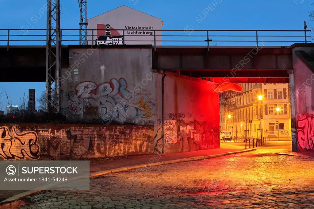 Railroad bridge across road, Victoriastadt, Rummelsburg, Lichtenberg, Berlin, Germany