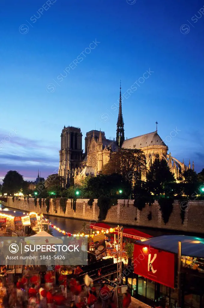 High angle view of people at market, Seine River, Notre_Dame, Ile De La Cite, Paris, France