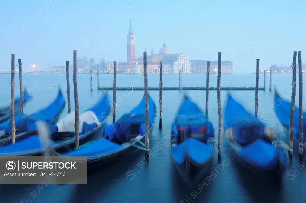 Gondolas at harbor, St. Mark´s Cathedral, St Mark´s Square, San Giorgio Maggiore, Campanile, Venice, Veneto, Italy