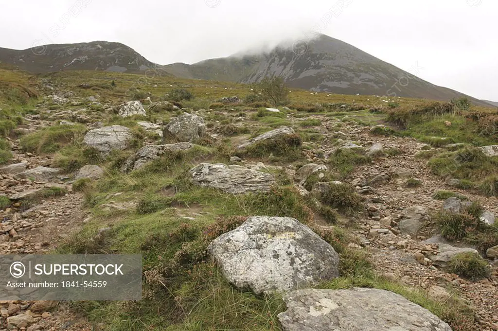 Rock formations on landscape, Croagh Patrick, County Mayo, Ireland