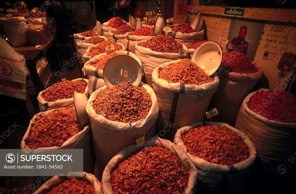 Sacks of spices in market, Bangkok, Thailand