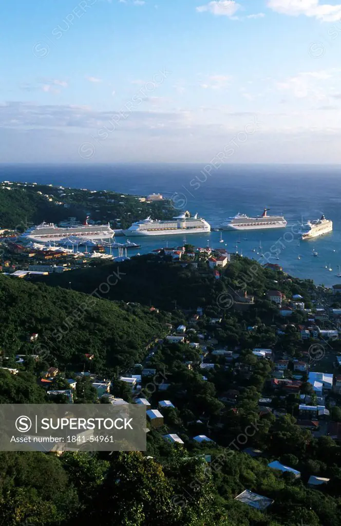 Aerial view of cruise ships at harbor, Charlotte Amalie, St Thomas, Leeward Islands, US Virgin Islands