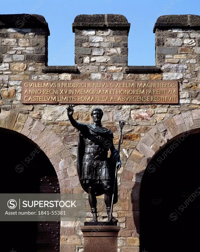 Emperor statue in front of fort, Saalburg, Taunus, Bad Homburg, Hesse, Germany