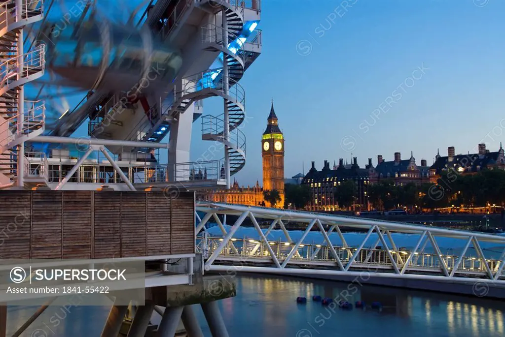 Bridge across river, Millennium Wheel, Big Ben, Thames River, City of Westminster, London, Greater London, England
