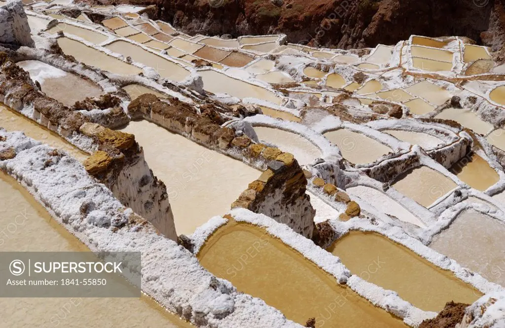 Salt mine in valley, Maras, Urubamba Valley, Peru