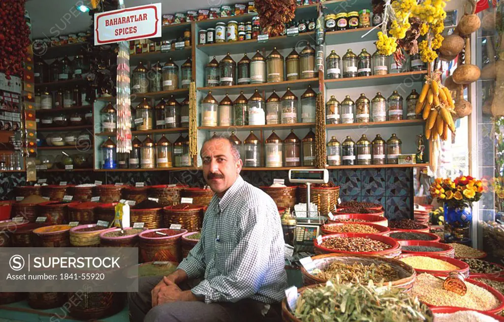 Portrait of shopkeeper inside store, Mugla, Turkey