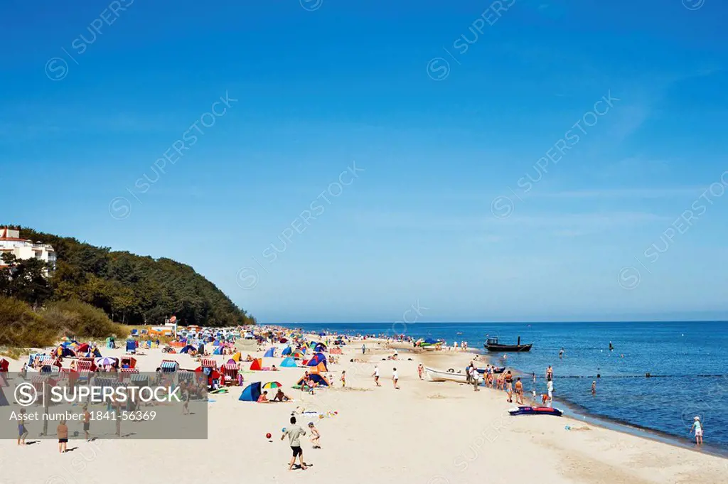 Tourists on the beach of Bansin, Heringsdorf, Usedom, Germany, elevated view