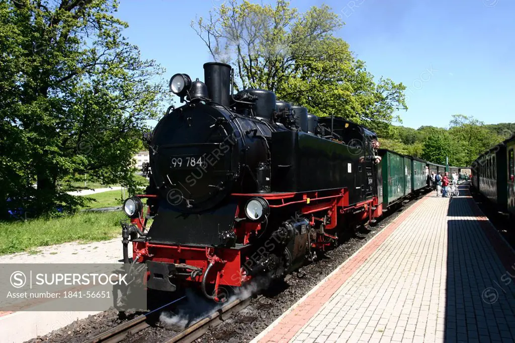 Steam train at railroad station, Rasender Roland, Rugen, Mecklenburg_Vorpommern, Germany
