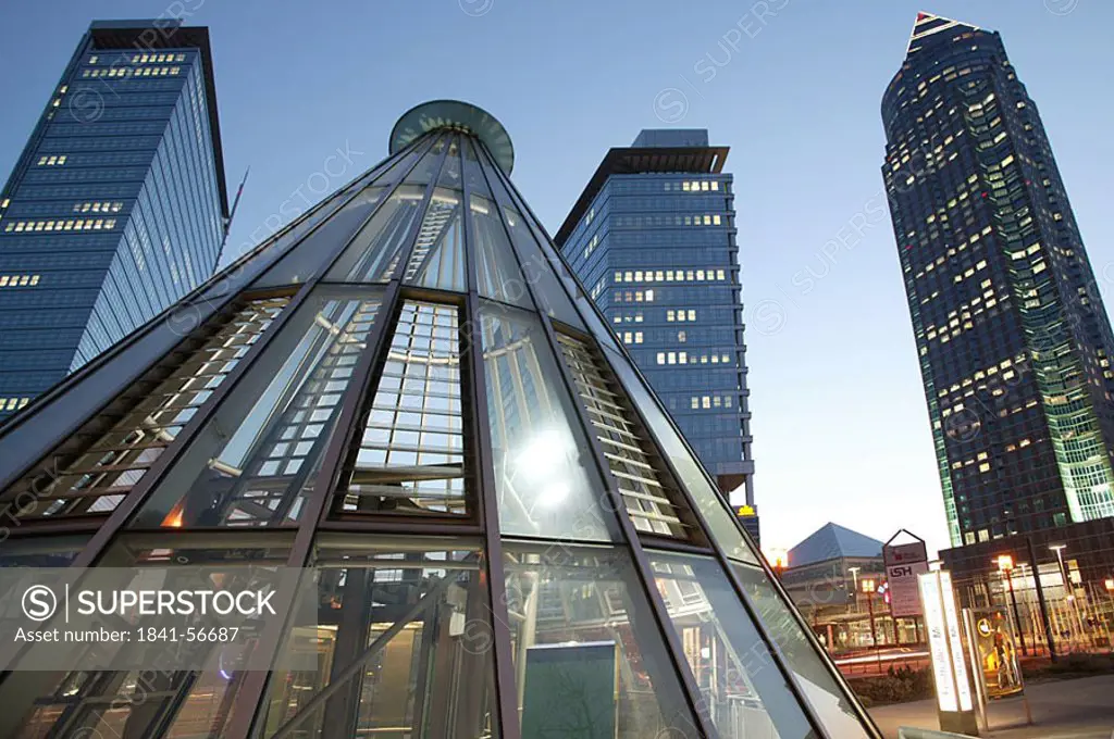 Low angle view of skyscrapers in city, Messeturm Tower, Frankfurt, Hesse, Germany