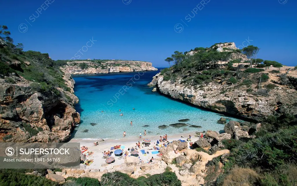 High angle view of tourists on beach, Cala S´Almonia, Majorca, Balearic Islands, Spain