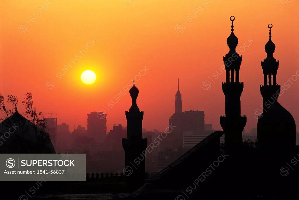 Silhouette of mosque at dusk, Sultan Hassan Mosque, Cairo, Egypt