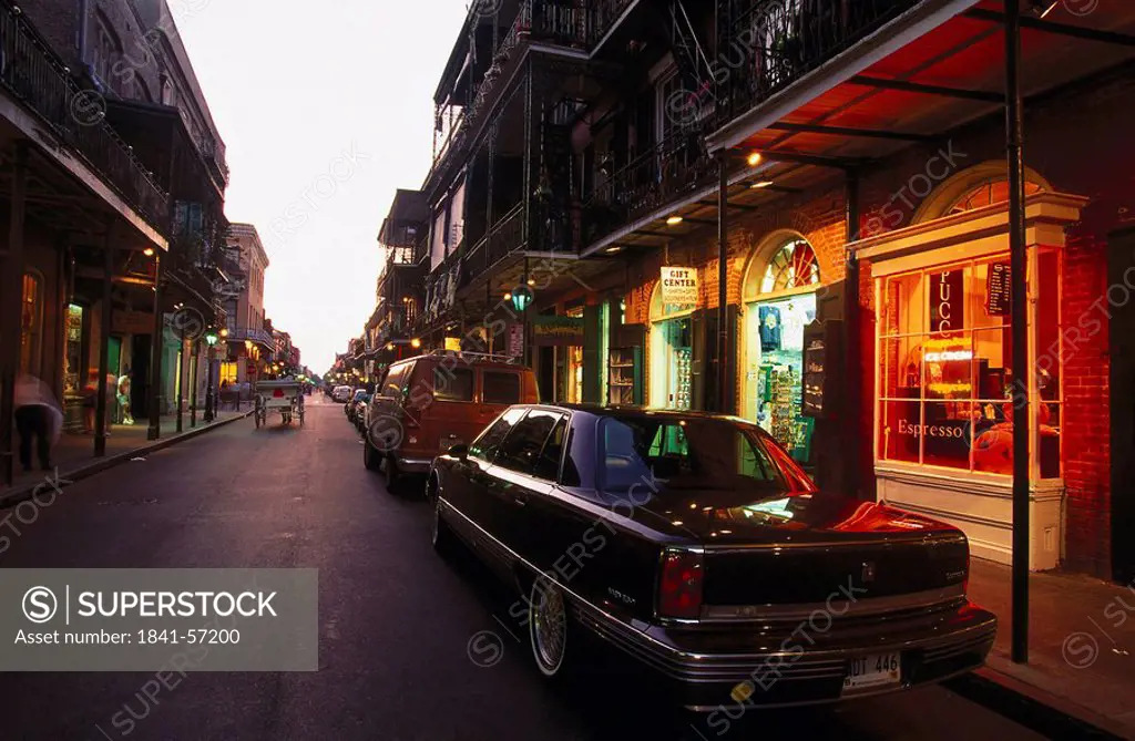 Cars parked in street, French Quarter, New Orleans, Louisiana, Usa