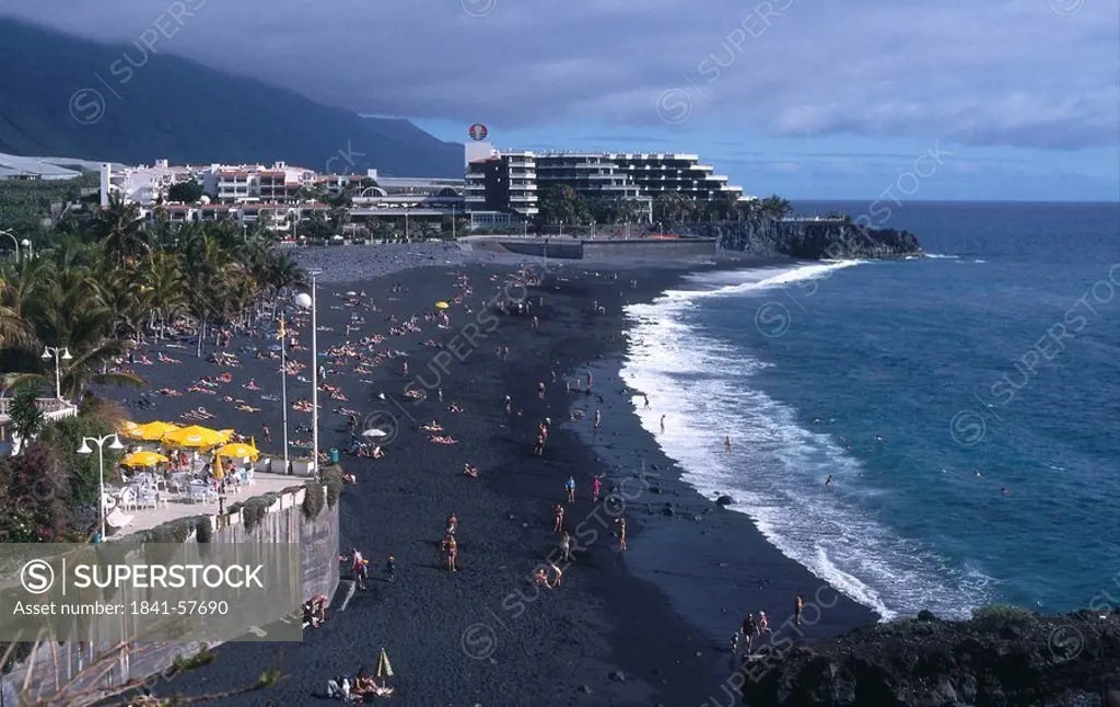 High angle view of tourists on beach, Puerto Naos, La Palma, Canary Islands, Spain