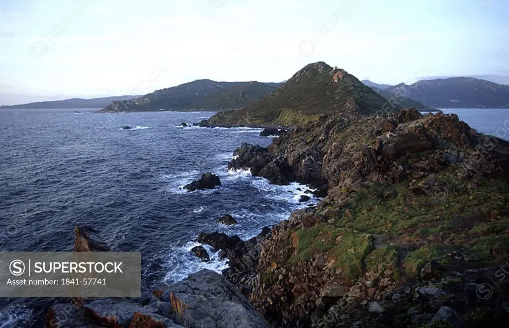 High angle view of rock formations at coast, Ajaccio, Corsica, France