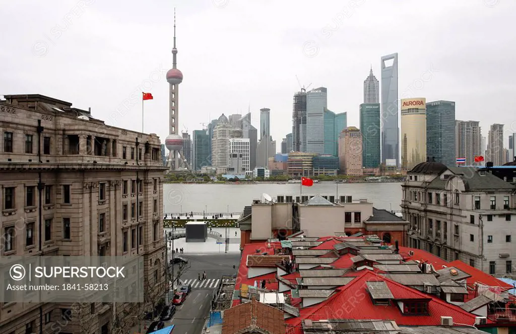 Jin Mao Tower, Shanghai World Financial Center, Oriental Pearl Tower and Huangpu River, Shanghai, China, Asia